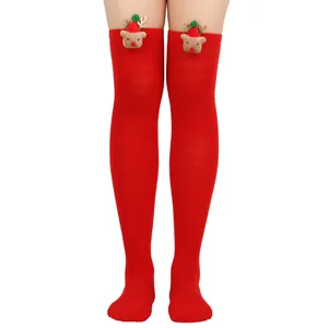 Festive red over-the-knee Christmas socks featuring cute 3D plush reindeer decorations