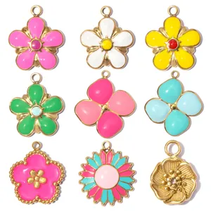 Stainless Steel Enamel Floral Pendants DIY Daisy Sunflower Four Leaf Clover Five Petal Flower Charms For Jewelry Making Bracelet Necklace Accessories