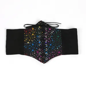 Detail view of rainbow star print wide elastic corset belt with lace-up front design