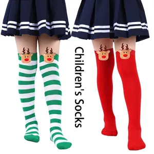 Children Christmas Socks 3D Reindeer Doll Stockings Striped Over The Knee Socks For Girls Boys Winter Warm Cartoon Novelty Socks