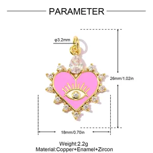 Detailed view of pink heart evil eye pendant with size and material specs