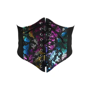 Close-up detailed view of the neon butterfly print on a black lace-up wide corset belt.