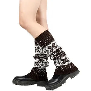 Close-up view of thick knitted snowflake pattern leg warmers for autumn and winter warmth