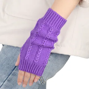 Detail-Nahaufnahme von lila Zopfmuster-Handschuhen mit warmem Acryl-Strickgewebe