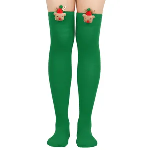 Festive green over-the-knee Christmas socks with cute 3D plush reindeer decor