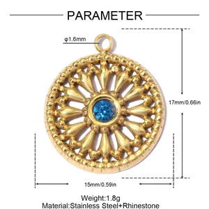 Detailed specifications of golden sun relief pendant with blue rhinestone and dimensions.