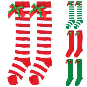 Kids Christmas Over The Knee Socks Double Layer Bow Girls Striped Long Socks Cute Holiday Stockings Festive Party Wear