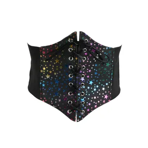 Detailed view of rainbow star print and lace-up front on black elastic wide corset belt.