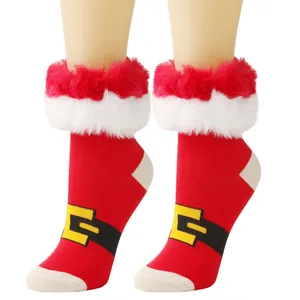 Red Christmas socks with white fuzzy trim and Santa belt design detail