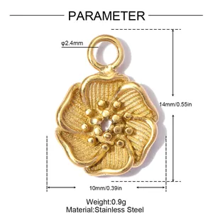 Detail view showing dimensions of a 14mm stainless steel flower pendant for DIY jewelry
