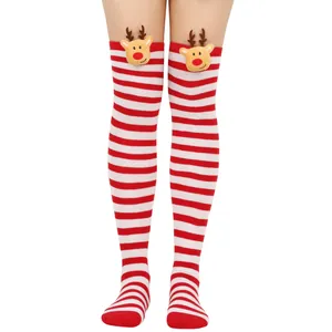 Festive over-the-knee socks with red and white stripes and cute plush reindeer detail
