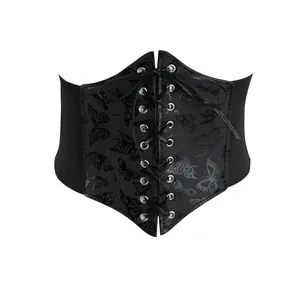 Detailed view of black corset belt with butterfly print and lace-up front design