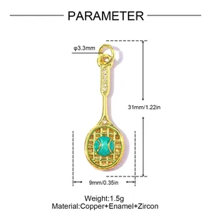 Detail view of gold tennis racket pendant with dimensions and weight specs
