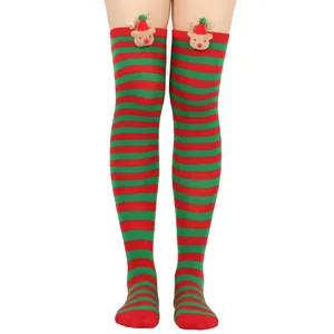 Festive red and green striped Christmas over-the-knee socks with cute 3D reindeer decor.
