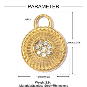 Macro detail of golden sun relief stainless steel pendant with crystal rhinestone parameters