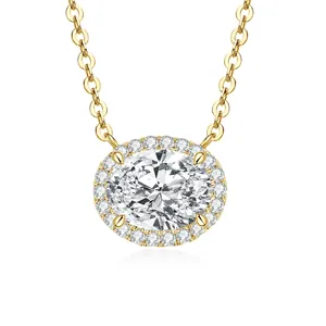 Elegant 2 carat oval moissanite halo pendant necklace for women with a gold chain