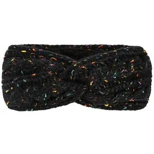 Gros plan d'un bandeau en tricot noir avec des mouchetures de fil colorées et un nœud