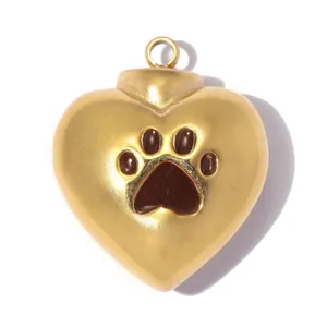 Gold heart pendant with brown enamel paw print detail for DIY jewelry