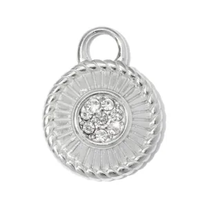 Detailed macro view of a silver stainless steel round pendant with central crystal cluster