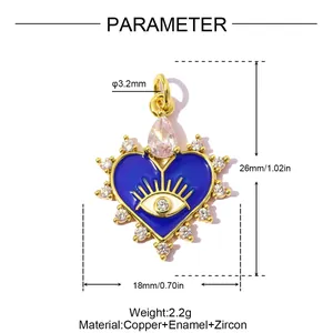 Detailed technical diagram showing dimensions and weight of blue enamel evil eye heart pendant