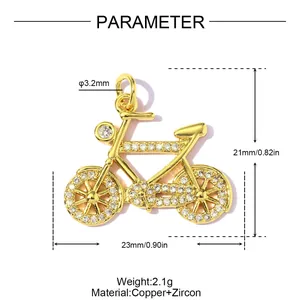 Detailed dimension and material info for the gold zircon bicycle pendant charm.