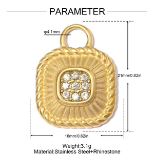 Detailed size diagram of vintage gold stainless steel square pendant with rhinestone inlay