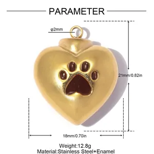 Detailed specifications of gold heart pendant with paw print enamel and size measurements
