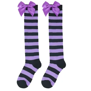 Purple and black striped children's over-the-knee socks with decorative satin bows