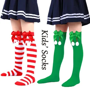Girls Christmas Over-the-Knee Socks Cute Bow Pom-pom Striped Long Socks For Children Autumn Winter Festive Accessories