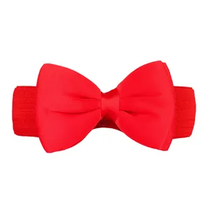 Red elastic waist belt with large chiffon bow-knot detail for dress decoration.
