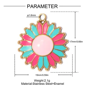 Detail shot of enamel sunflower pendant showing 17mm size and stainless steel material