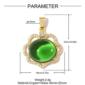 Detailed size and material parameters for green glass stone pendant with gold plating