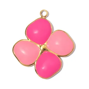 Pink enamel flower pendant charm made of gold-plated stainless steel for DIY jewelry