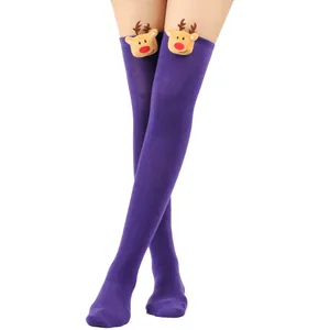 Purple over-the-knee Christmas socks featuring cute 3D plush reindeer decorations