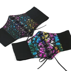 Neon butterfly and star print lace-up corset belts for women in black