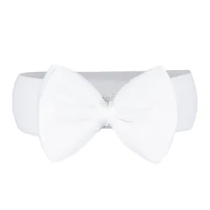 Detailed macro view of white chiffon bow on stretchy elastic waist belt for women and girls