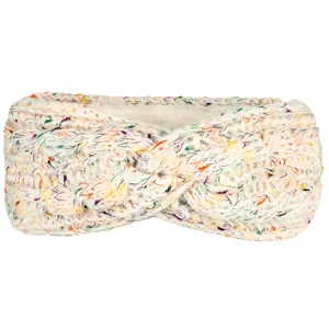 Détail du bandeau tricoté d'hiver à pois colorés avec doublure en polaire blanche chaude.