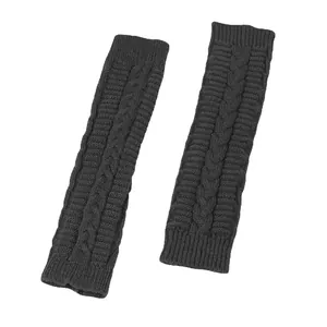 High-quality detail view of black cable knit long fingerless arm warmers for women.