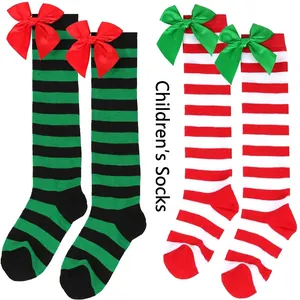 Girls Christmas Bow Over The Knee Socks British Style Striped Long Stockings Festive Holiday Princess High Tube Socks For Kids