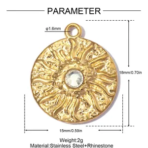 Detailed parameter view of a sun relief pendant in stainless steel with rhinestone.