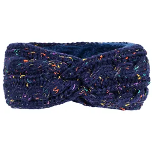 Vue macro d'un bandeau en tricot bleu avec des taches colorées et doublure polaire.