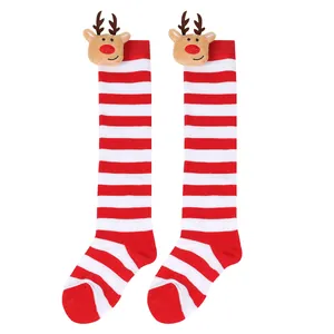 Festive red and white striped kids' over-the-knee Christmas socks with cute 3D reindeer dolls