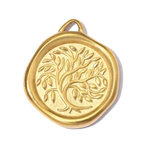 Antique gold Tree of Life stainless steel pendant charm with detailed embossed relief texture