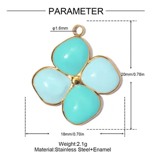 Measurement detail of a stainless steel flower pendant with light blue enamel and gold trim