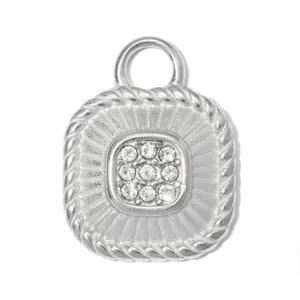 Elegant silver stainless steel square pendant featuring a rope border and clear crystal pavé