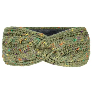 Détail du bandeau tricoté vert avec mouchetures colorées et doublure polaire chaude
