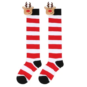 Red and white striped Christmas knee-high socks with 3D reindeer plush