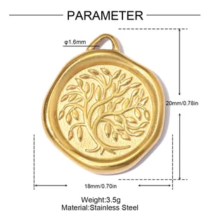 Detailed dimension measurements of gold stainless steel Tree of Life pendant charm with relief