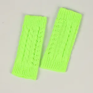 Bright neon green cable knit fingerless gloves with hollow-out design for winter warmth
