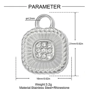 Close-up detail of stainless steel pendant with rhinestone and dimensions 21x16mm